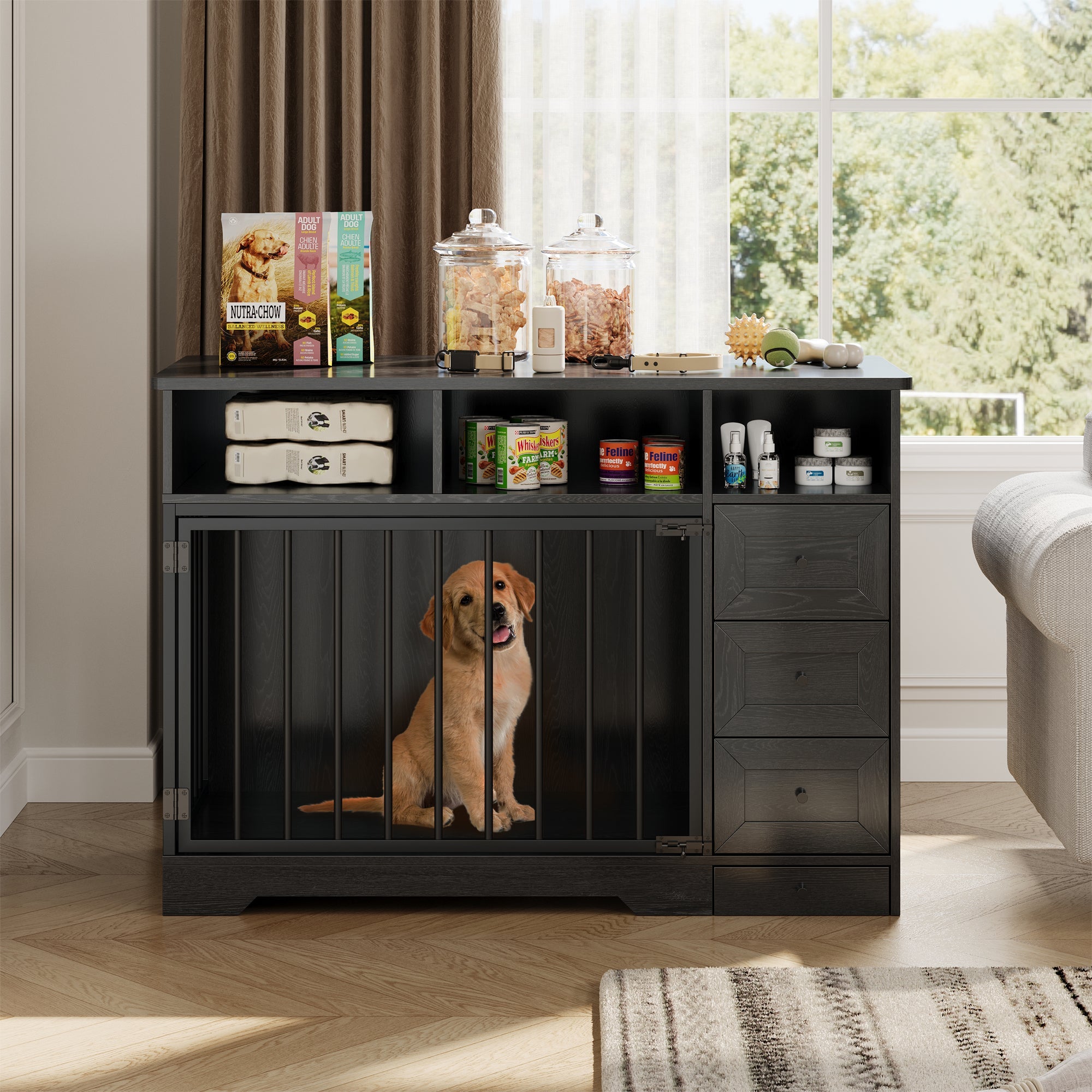 Garvee 48" Dog Crate Furniture with Bowls, Heavy Duty Dog Kennel End Table with 3 Storage Drawers, Locking Door, Farmhouse Style Pet Crate Cabinet for Medium Small Dogs, Black