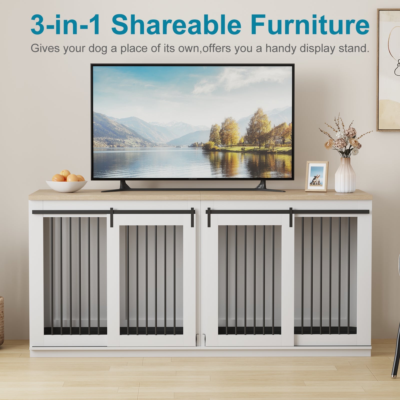 Garvee Heavy Duty Double Dog Crate Furniture for 2 Large Dogs – Wooden Dog Kennel with Removable Divider, Sliding Barn Door, 2 Trays, TV Stand, Modern Indoor End Table – Color: White / Light Oak