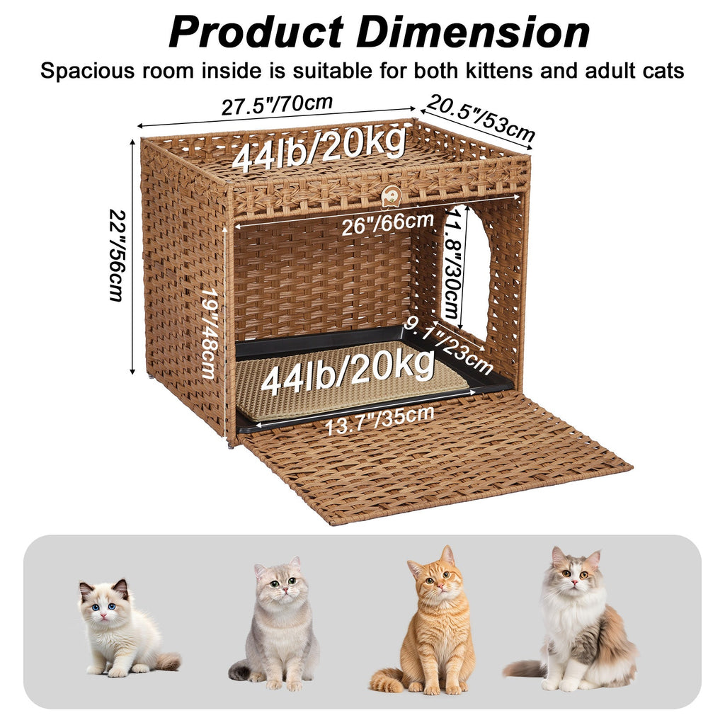 Garvee Handwoven Rattan Cat Litter Box Cabinet – Large Hidden Enclosure with Removable Mat and Fence – Stylish Boho Furniture, Easy to Clean, Covered Litterbox for Indoor Cats – Natural Color