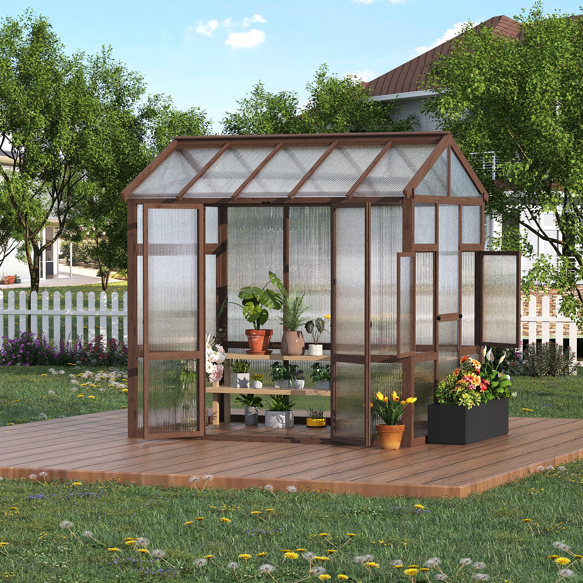 Garvee Heavy Duty Wooden Greenhouse 6x8 FT for Outdoor - Walk-in Kit with 6mm Polycarbonate Panels, Ventilated Window, Lockable Door - Ideal for Backyard, Patio, Lawn, Sturdy Wood