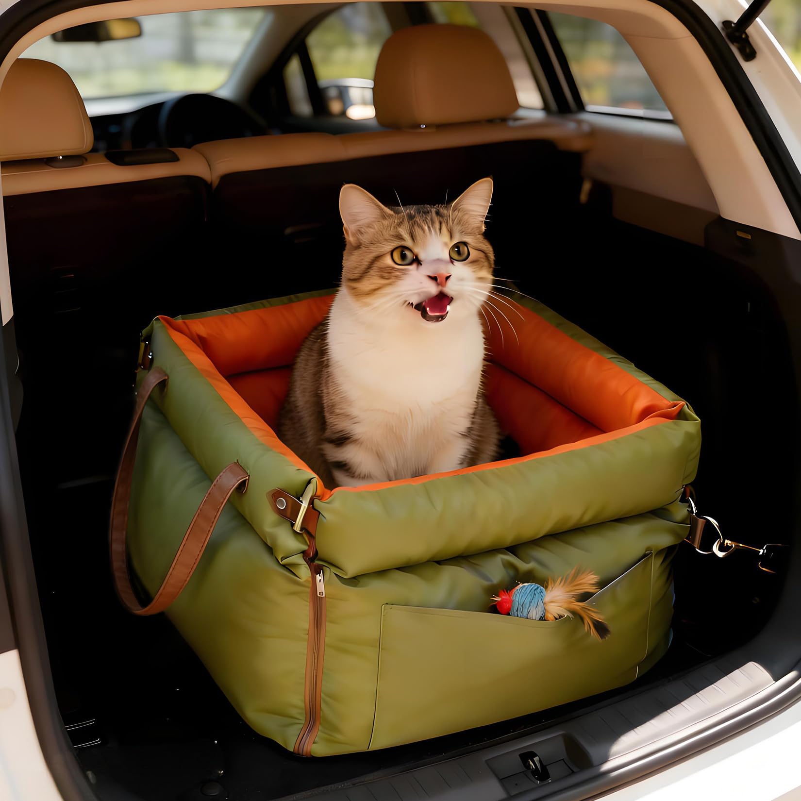 Garvee Dog Booster Car Seat, Waterproof PU Leather Upholstered Cat Bed for Car with Storage Pockets, Portable Pet Seat, Bite-Resistant, Perfect for Travel and Home