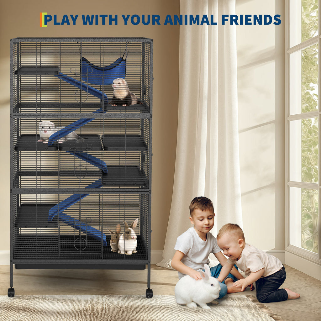 Garvee Spacious 6-Tier Metal Small Animal Cage - Lockable Double Doors, Fleece Ramps, Hammock, Rolling Wheels - Heavy-Duty Enclosure for Ferrets, Chinchillas, Guinea Pigs, Rabbits, Small Pets - Black