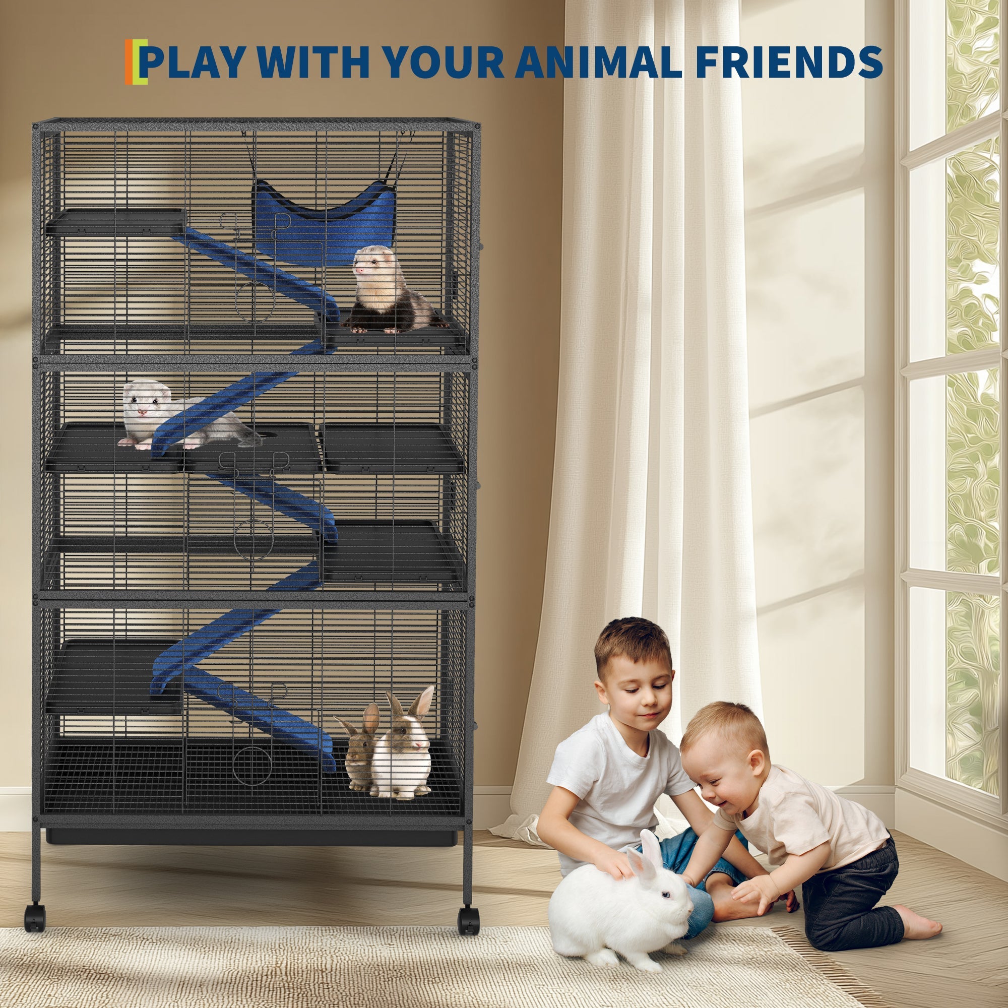 Garvee Spacious 6-Tier Metal Small Animal Cage - Lockable Double Doors, Fleece Ramps, Hammock, Rolling Wheels - Heavy-Duty Enclosure for Ferrets, Chinchillas, Guinea Pigs, Rabbits, Small Pets - Black