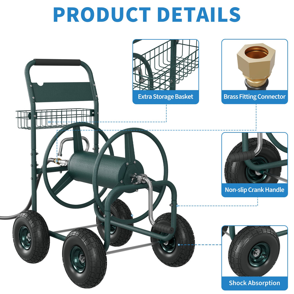 Garvee Garden Hose Reel Cart, 300 FT Capacity, 4 Pneumatic Wheels, 32" × 24" × 38.2" Steel Cart with Storage Basket for Large Yards, Green