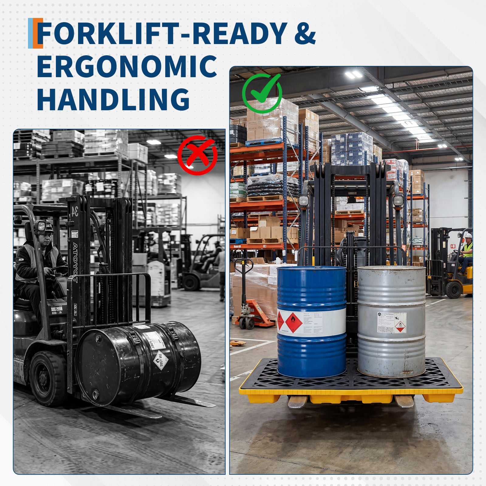 Garvee Heavy-Duty Secondary Spill Pallet for 2 Drums – 2000 lbs Capacity – Modular Forkliftable Plastic Containment Tray – Industrial Oil & Chemical Safety – Size: 48 x 24 x 4 Inches