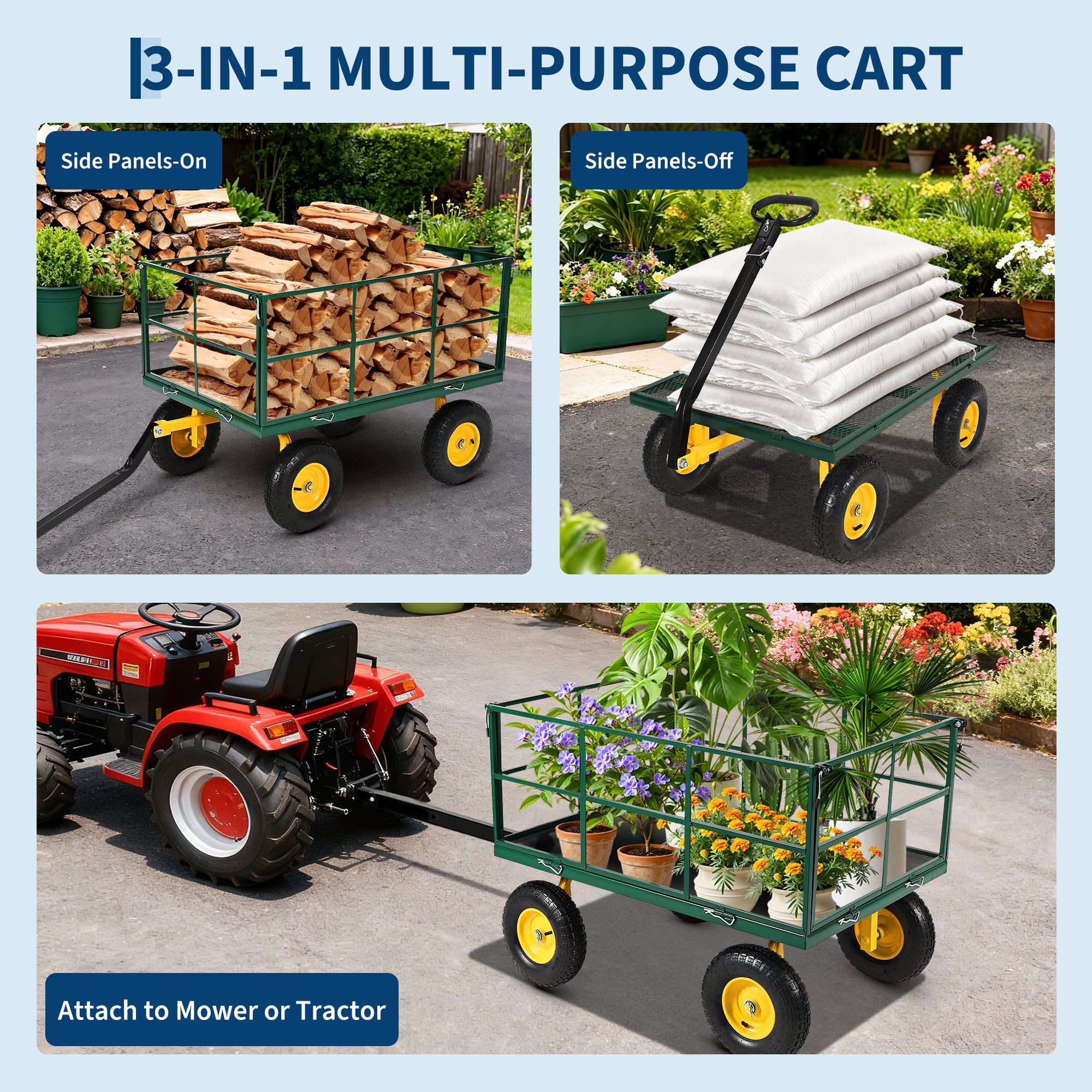 Garvee Heavy Duty 1500 lbs Steel Garden Cart – 3-in-1 Outdoor Utility Wagon with Removable Mesh Sides, 13" All-Terrain Wheels, 180° Rotating Handle – Lawn, Gardening, Plant Transport – 13-inch wheels, yellow rims + dark green frame + black handlebars