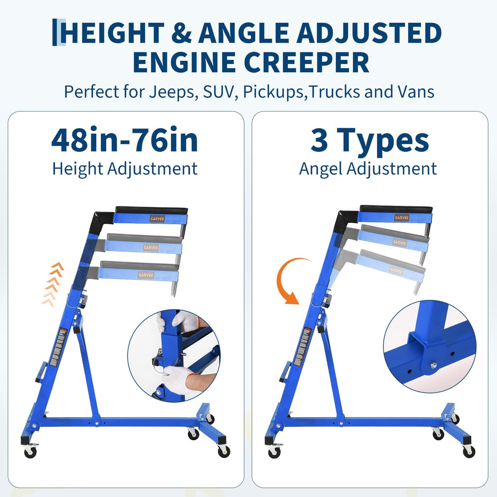 Garvee Automotive Engine Creeper, 400 lbs Foldable Top Side Mechanic Creeper for Cars and Trucks, Adjustable Height (49"-76"), Padded Deck, Engine Bay Repair Stand for Jeeps, Pickups, and Lifted Vehicles, Blue