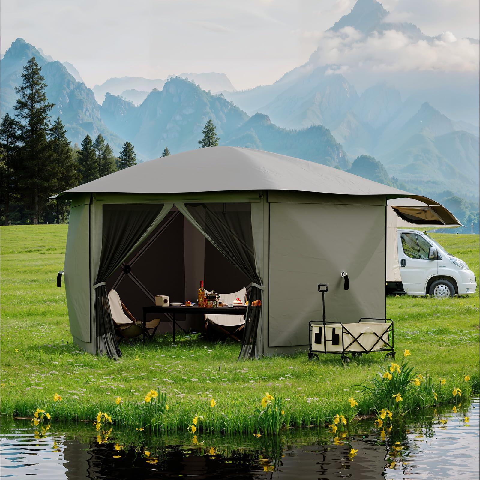 Garvee 10 x 12 FT Screen Tent, 6-Sided Pop-Up Gazebo with Removable Canopy, Waterproof UV-Resistant Mesh Shelter for Camping, Patio & Backyard, Gray