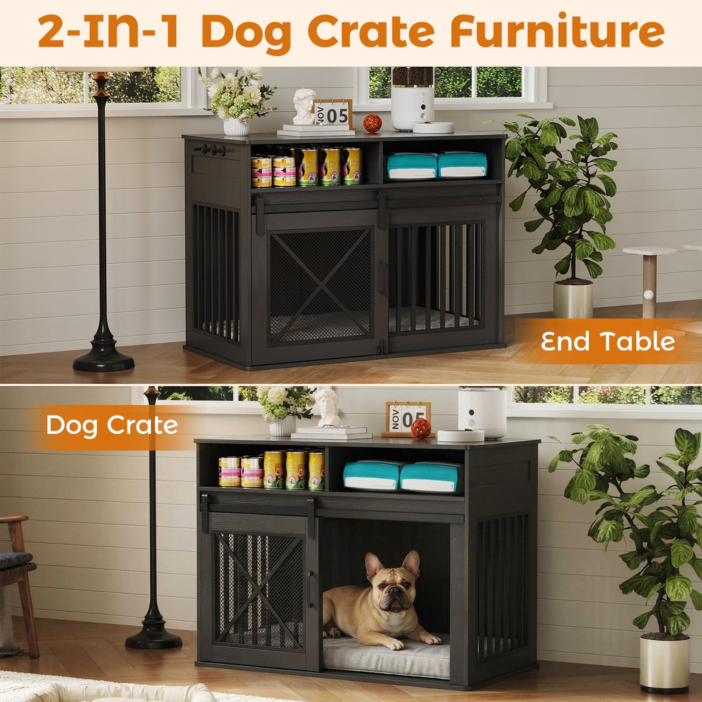 Garvee 44.5 Inch Large Dog Crate Furniture with 2 Storage Self, Wooden Dog Kennel Furniture As End Table, Decorative Pet Cage Dog House Indoor for Medium/Large Dogs, Chew-Proof, Black