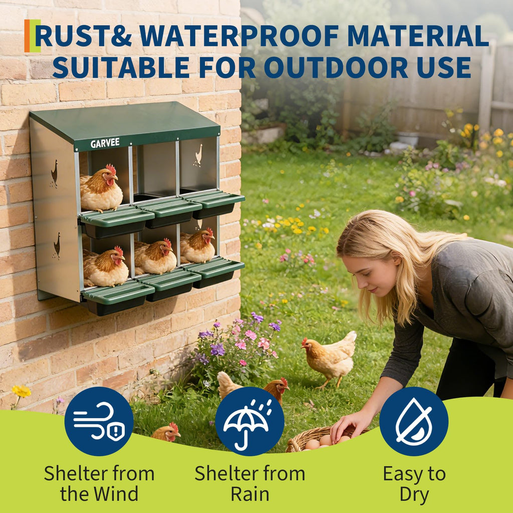 Garvee 6-Compartment Metal Chicken Nesting Box, Roll Away Poultry Laying Box with Sloped Anti-Perch Roof, 31.3"x12.8"x30.9", Green