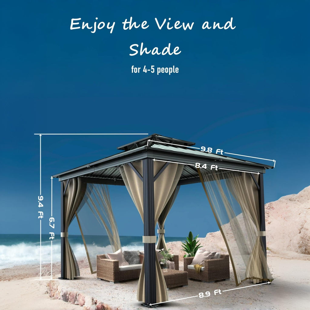 Garvee 10x10 ft Hardtop Gazebo, All-Weather Aluminum Frame Outdoor Pavilion with Double Roof, Mosquito Netting, Privacy Curtains & UPF 50 Protection, Gray