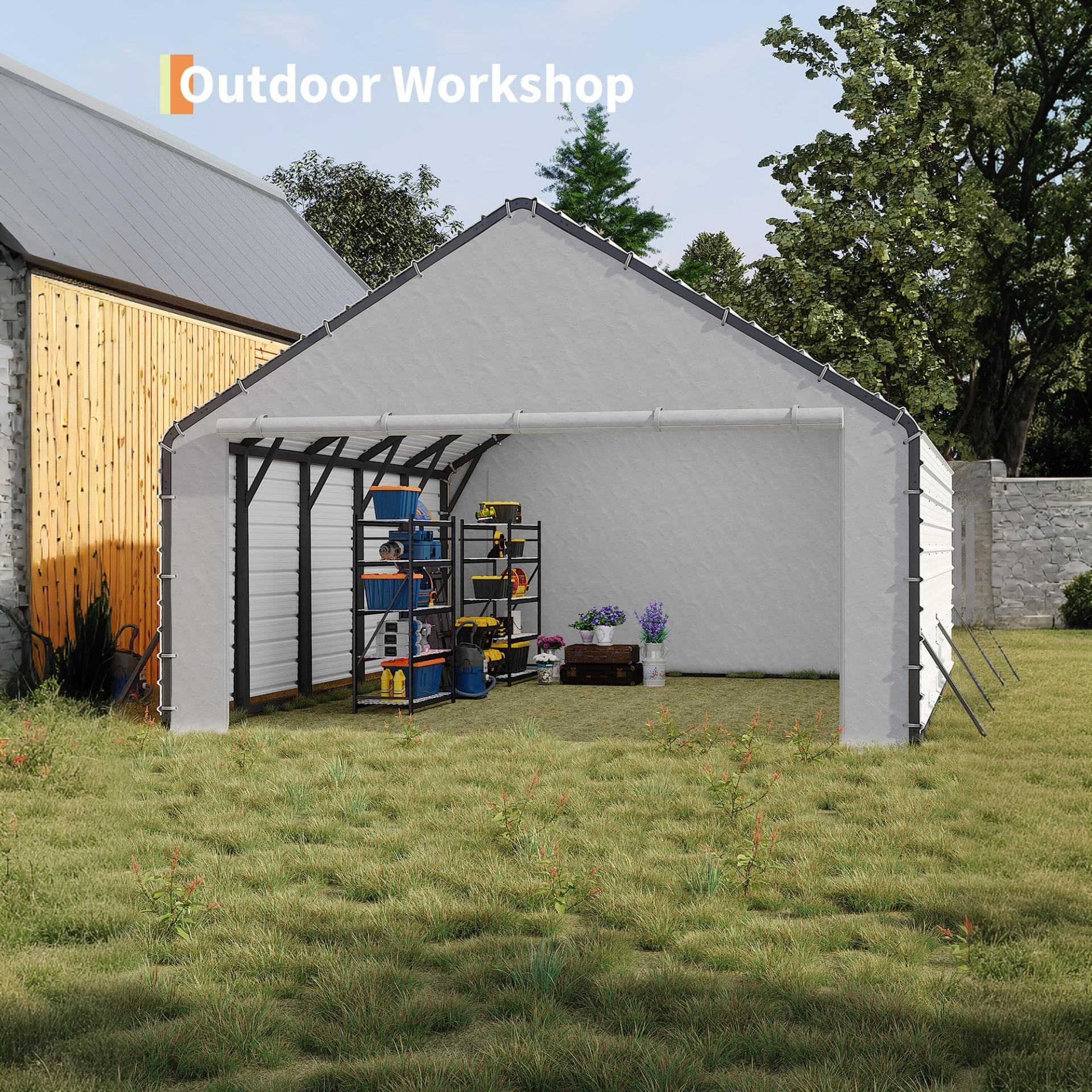 Garvee Galvanized Steel Roof Panel Kit, 16-Piece 27-Gauge Ribbed Sheets in Cream for 20 x 20 FT and 20 x 25 FT Carports, Garages and Patio Awnings