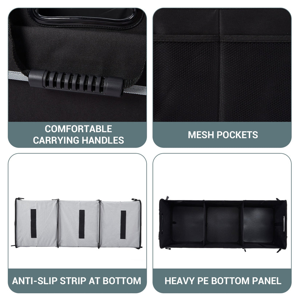 Garvee Heavy-Duty Car Trunk Organizer with Lid & Handles – Large Collapsible Storage Bag – Non-Slip, 3 Compartments – For SUV, Truck, Pickup Bed, Black Gray