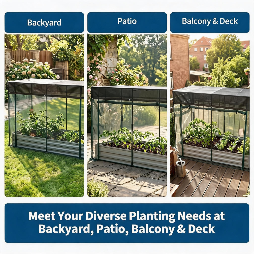 Garvee Self-Watering Raised Garden Bed for Vegetables & Herbs, 6 x 3 x 1 FT Galvanized Metal Planter with Mesh Bug Net, Shade Cloth and Bottomless Design, Light Beige