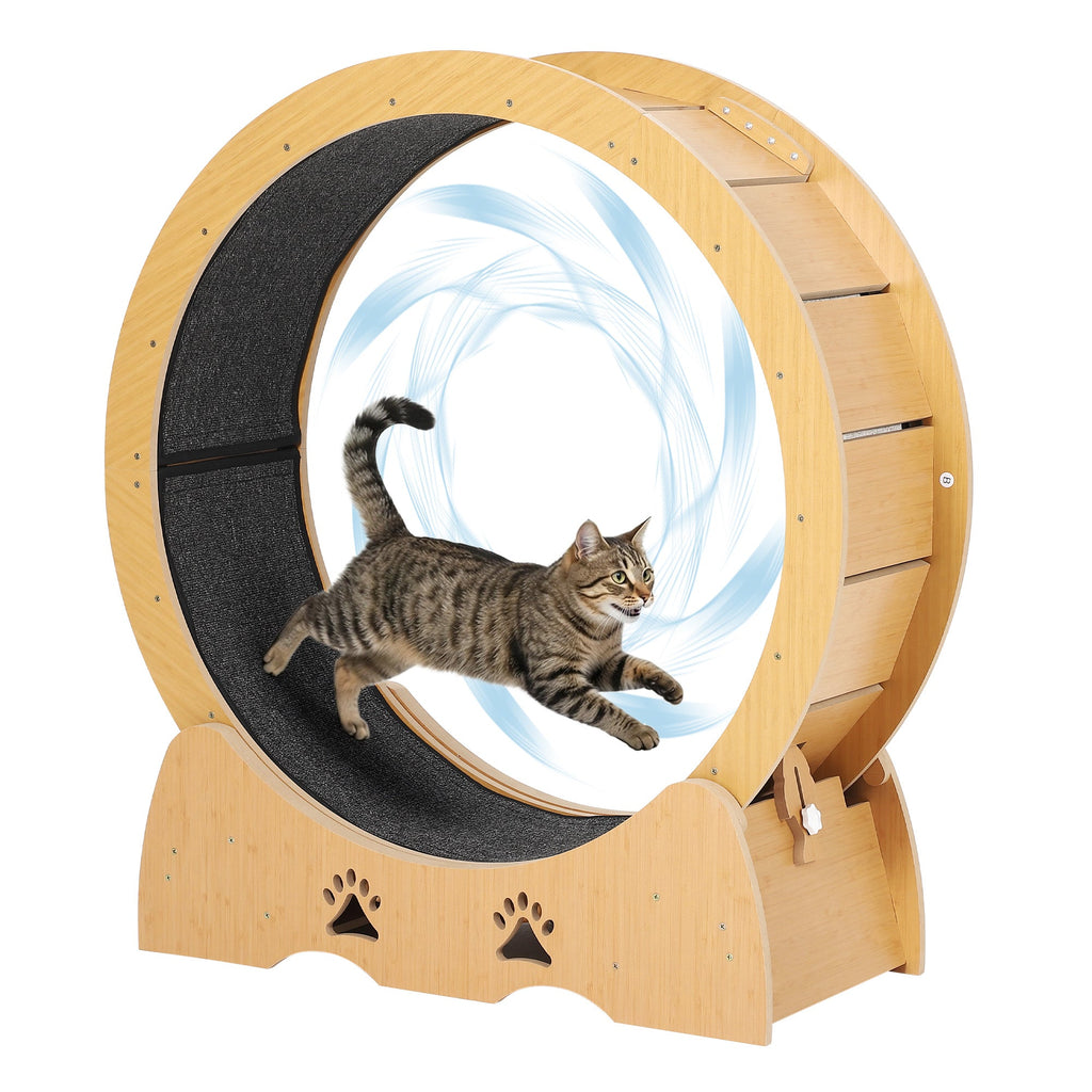 Garvee Quiet Wooden Cat Exercise Wheel - Indoor Cat Treadmill with Removable Carpeted Exercise Wheel - Safe Running & Training Wheel - Includes Teaser Toy - Natural Wood Color