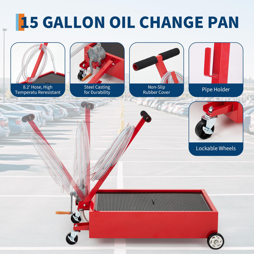 Garvee Heavy Duty 20 Gallon Low Profile Oil Drain Pan with 110V Electric Pump - 8.2ft Hose - Collapsible T-Handle - Lockable Swivel Casters - Rolling Oil Drain Cart for Cars, Trucks, SUVs - Waistline Version, Red
