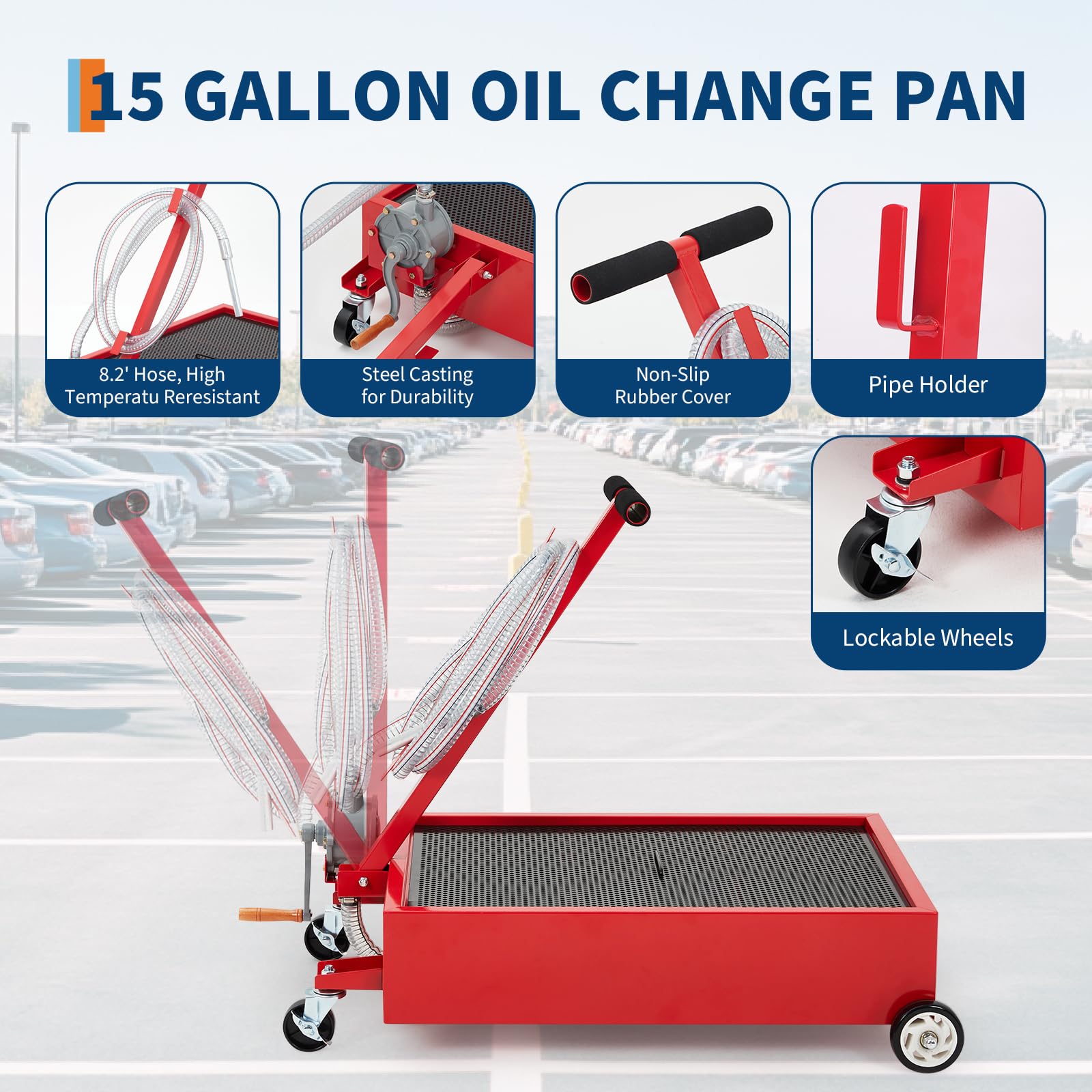 Garvee Heavy Duty 20 Gallon Low Profile Oil Drain Pan with 110V Electric Pump - 8.2ft Hose - Collapsible T-Handle - Lockable Swivel Casters - Rolling Oil Drain Cart for Cars, Trucks, SUVs - Waistline Version, Red