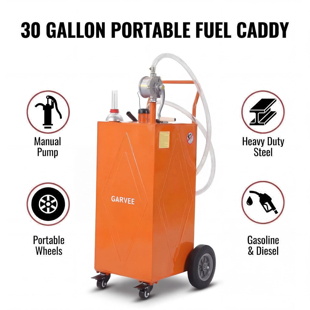 Garvee 30 Gallon Fuel Caddy with Manual Pump, Portable Fuel Transfer Tank on Wheels, Heavy Duty Gasoline & Diesel Storage Container for Trucks, Boats, ATVs, Lawn Mowers, Farm Equipment