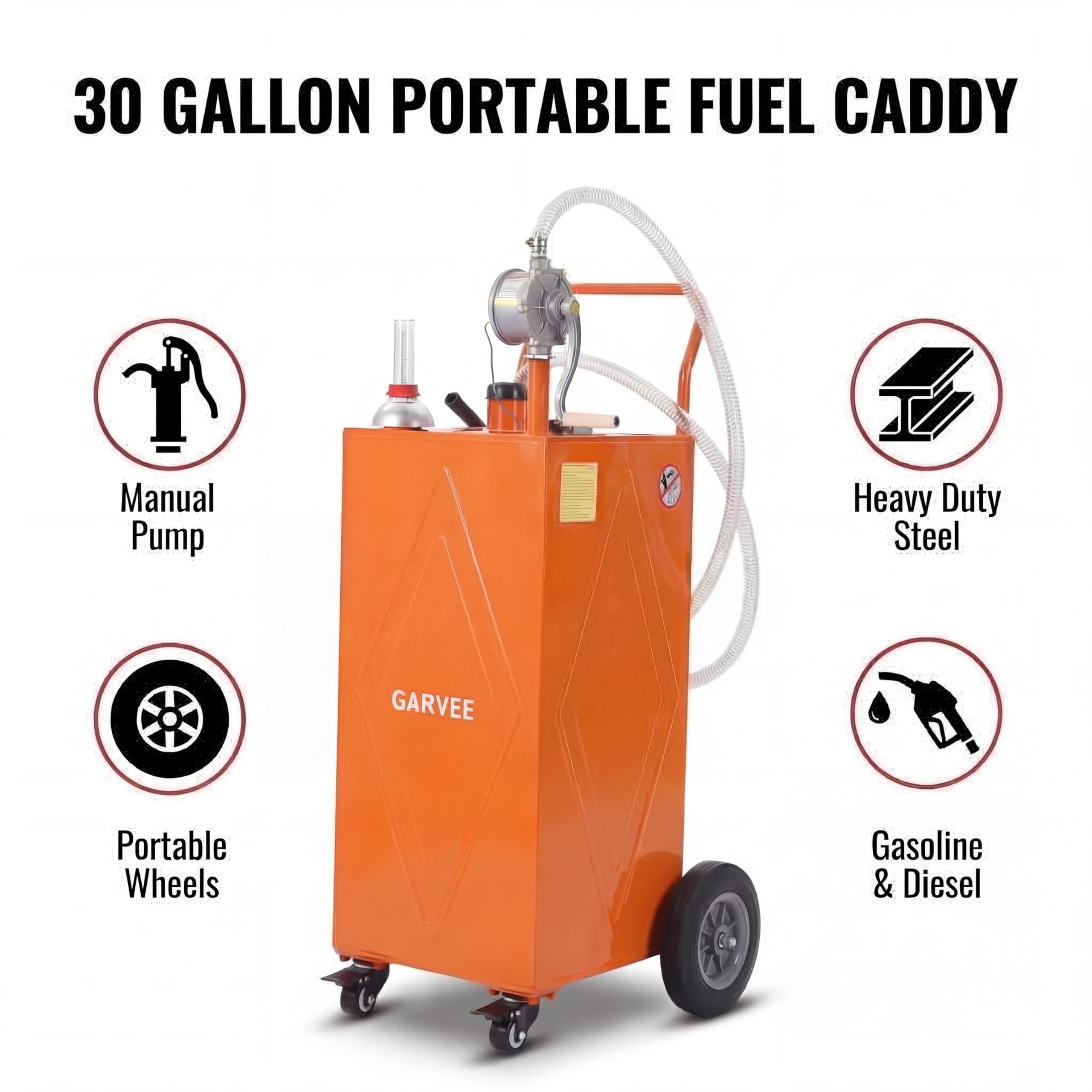 Garvee 30 Gallon Fuel Caddy with Manual Pump, Portable Fuel Transfer Tank on Wheels, Heavy Duty Gasoline & Diesel Storage Container for Trucks, Boats, ATVs, Lawn Mowers, Farm Equipment