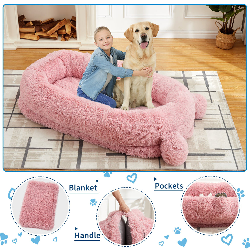 Garvee Human Dog Bed, 71 in x45 in x12 in Large Dog Bed with Blanket, Storage Pockets, Portable Handle, Removable Cover, Human Size Pet Bed for Adult, Pink