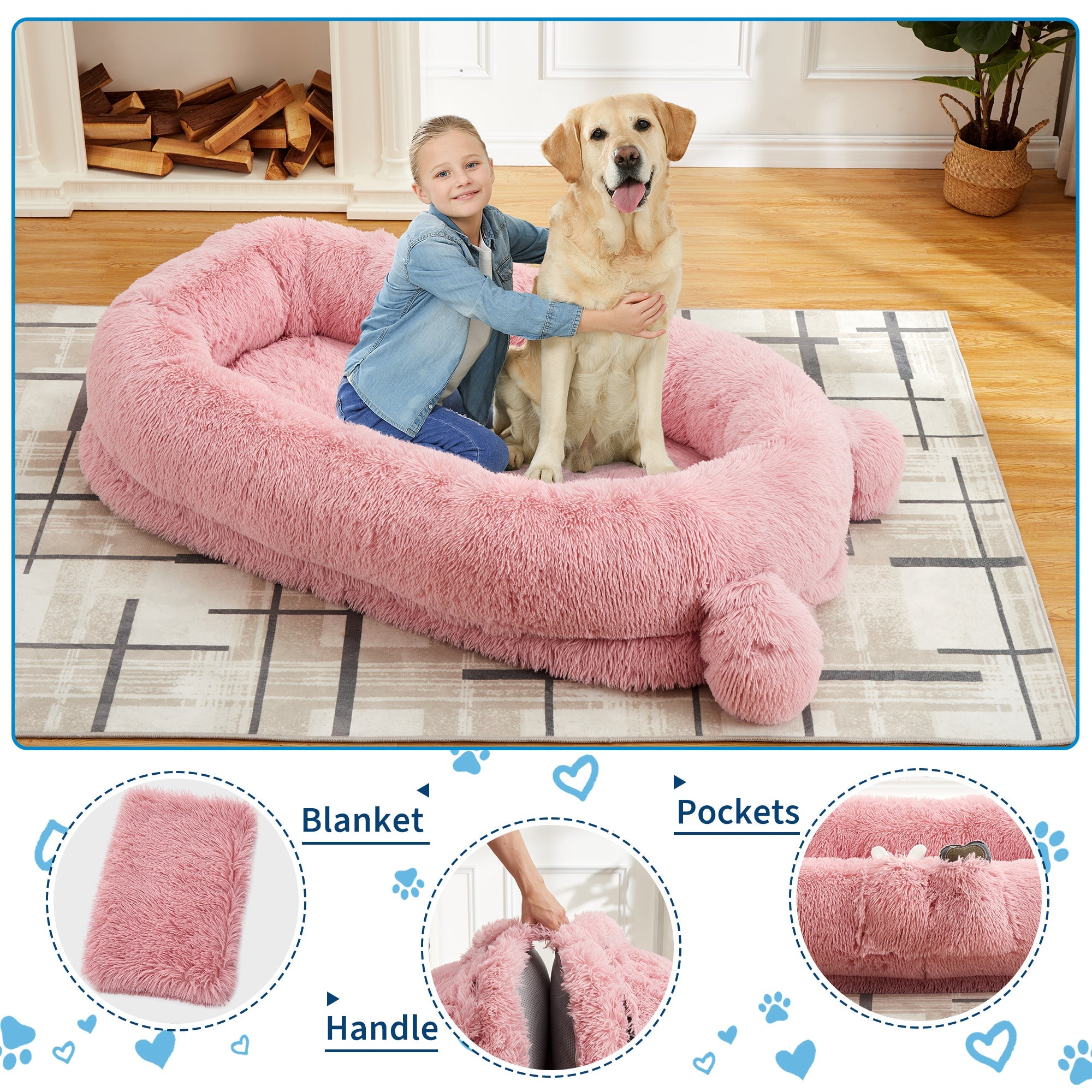 Garvee Human Dog Bed, 71 in x45 in x12 in Large Dog Bed with Blanket, Storage Pockets, Portable Handle, Removable Cover, Human Size Pet Bed for Adult, Pink