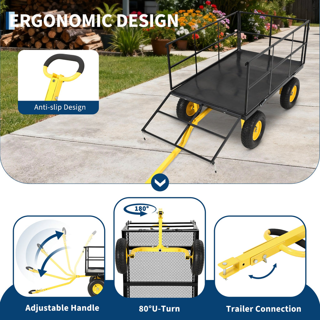 Garvee Heavy Duty 1500 lbs Steel Garden Cart – 3-in-1 Outdoor Utility Wagon with Removable Mesh Sides, 13" All-Terrain Wheels, 180° Rotating Handle – Lawn, Garden, Plant & Tool Transport – 13-inch wheels, yellow rims + black frame + yellow handlebars