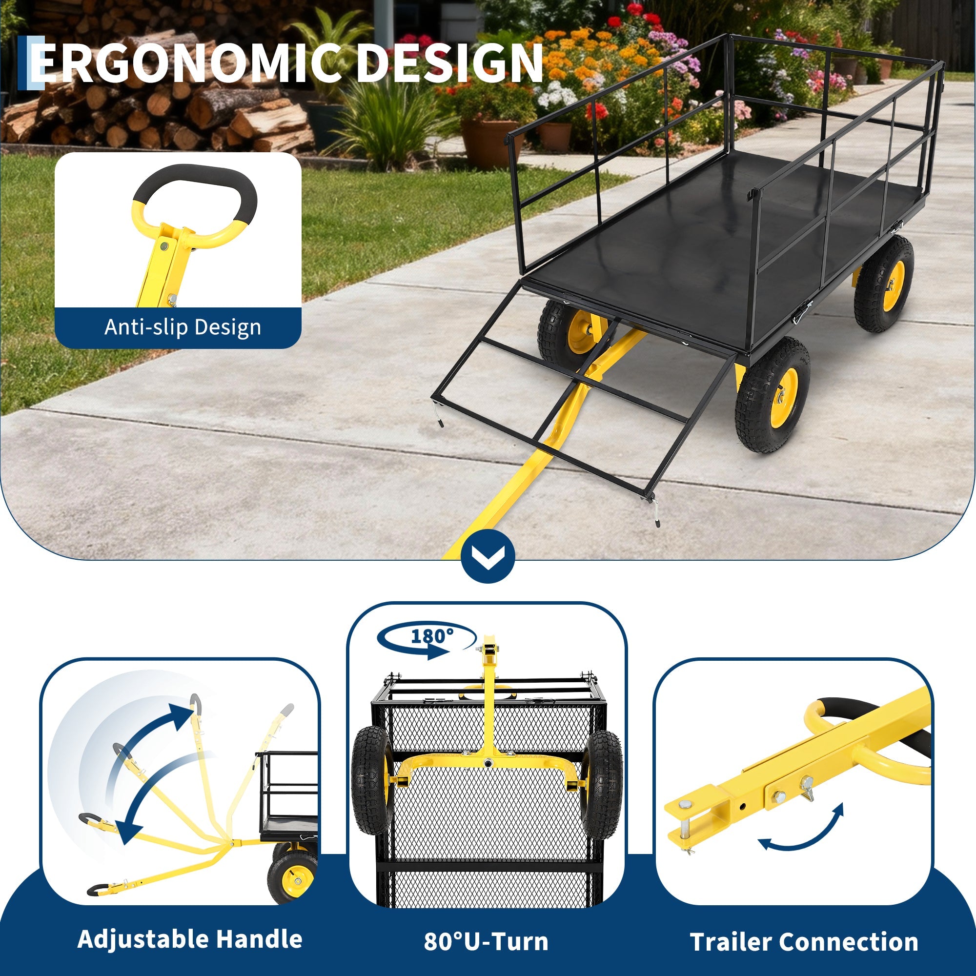 Garvee Heavy Duty 1500 lbs Steel Garden Cart – 3-in-1 Outdoor Utility Wagon with Removable Mesh Sides, 13" All-Terrain Wheels, 180° Rotating Handle – Lawn, Garden, Plant & Tool Transport – 13-inch wheels, yellow rims + black frame + yellow handlebars