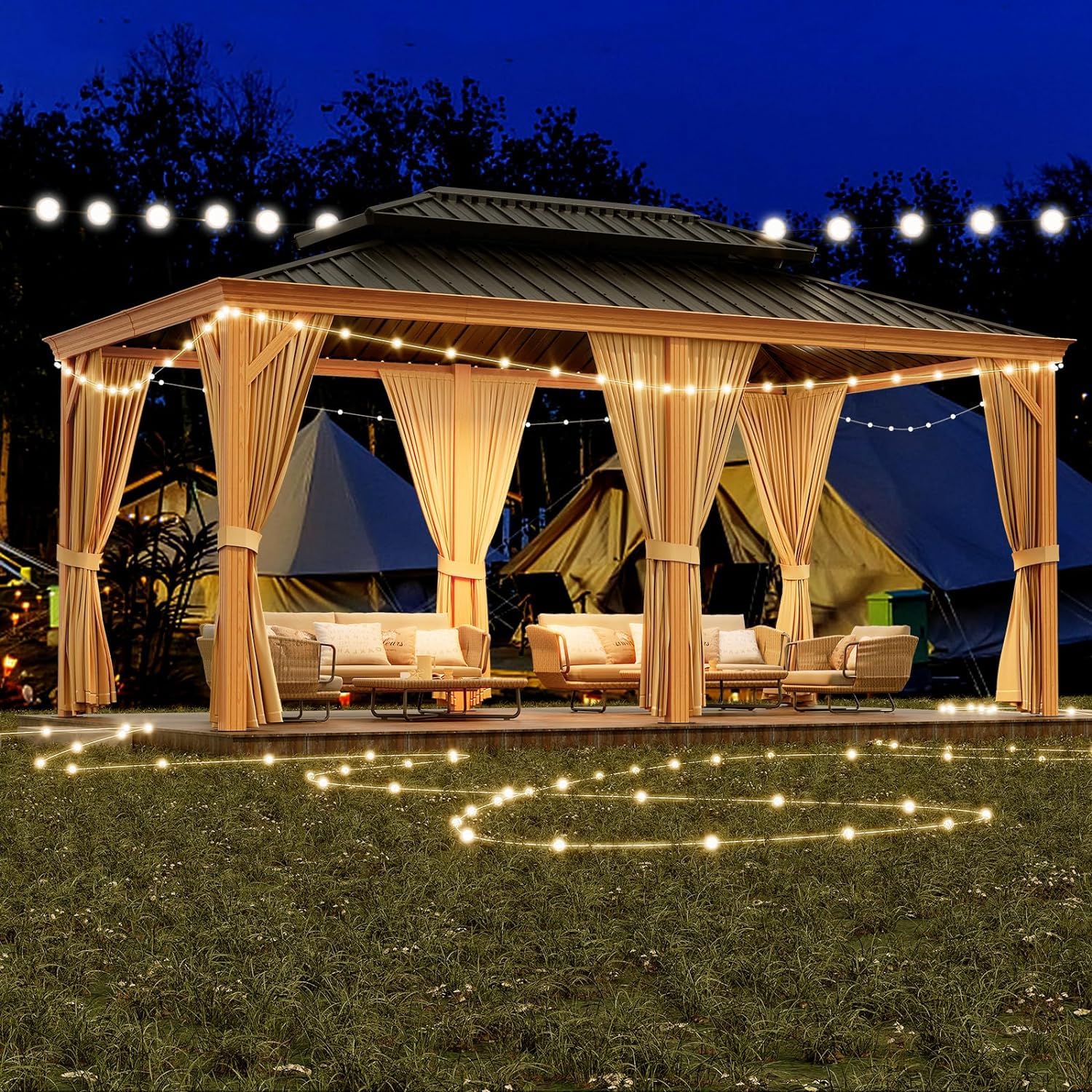 Garvee 12 x 20 FT Hardtop Gazebo, Double-Layer 27-Gauge Galvanized Steel Roof with Reinforced Aluminum Frame, Curtains & Mosquito Netting for Patio and Backyard, Black/Gray