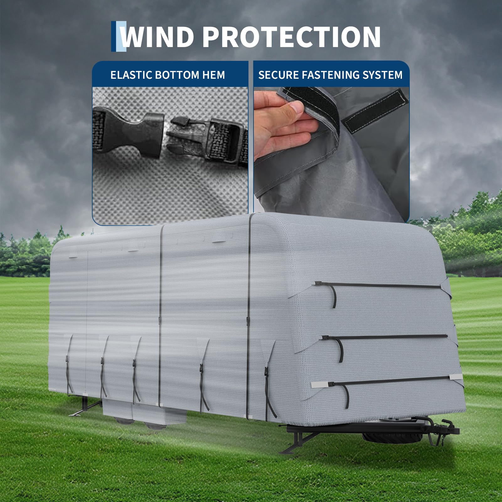 Garvee 18-20FT Heavy-Duty Travel Trailer Cover, 4-Layer Oxford Waterproof, Breathable, UV-Resistant, and Tear-Resistant RV Storage Cover with Windproof Straps and 6 Zipper Panels, Grey