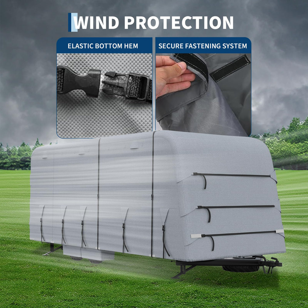 Garvee 27-30FT Heavy-Duty Trailer Cover for Campers, 4-Ply Oxford RV Cover with Waterproof Roof, Breathable Side Vents, UV Protection, Tie-Down Straps, Zipper Access, Tire Covers, and Storage Bag, Grey