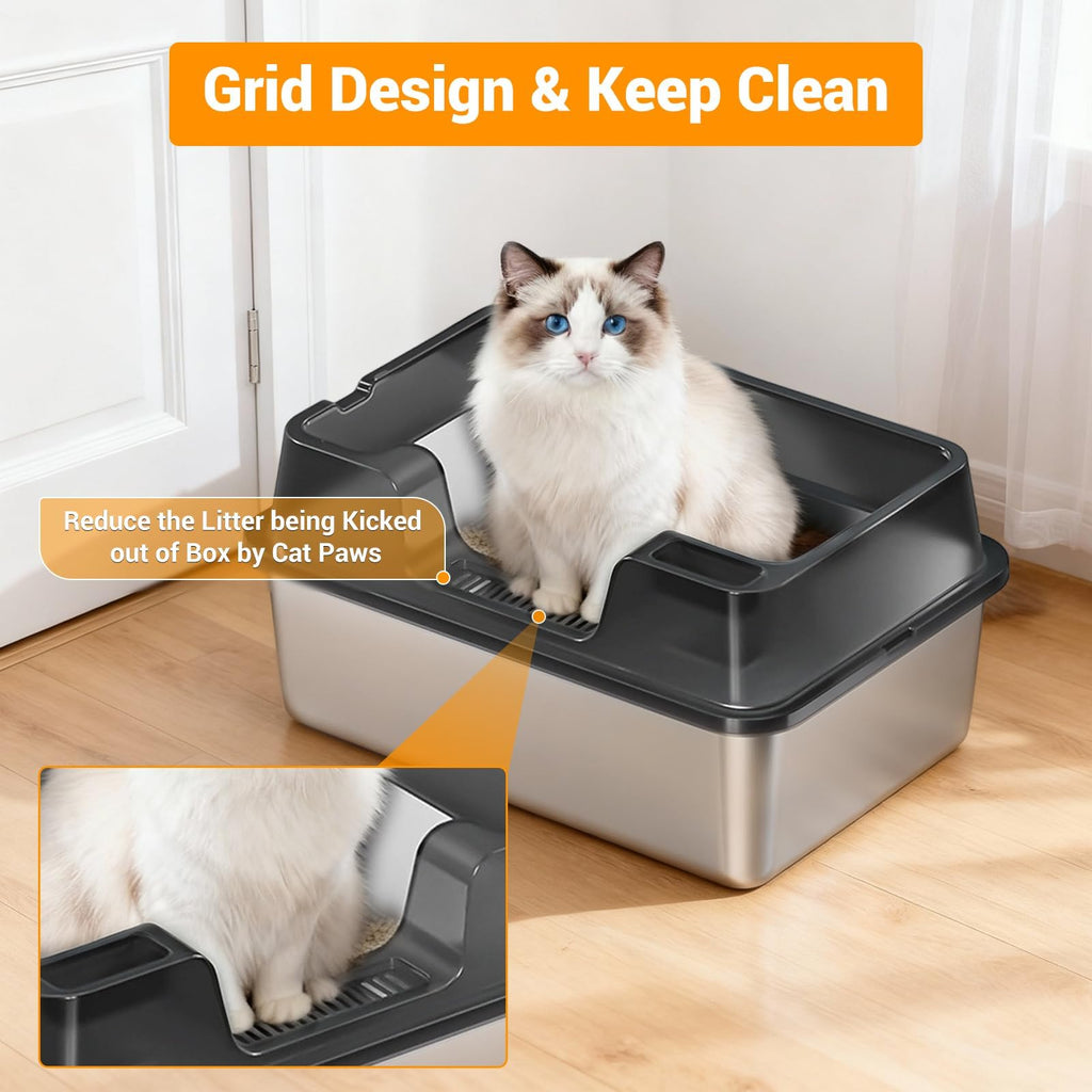Garvee Stainless Steel Cat Litter Box, High Side Litter Box with Non-Stick, Scoop & Odor-Resistant, Metal Cat Pan for Multiple Cats, Rabbits & Small Pets, Easy to Clean, Black