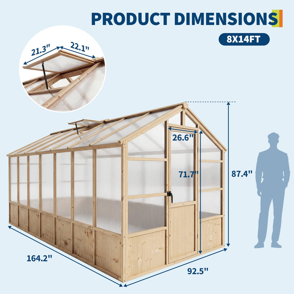 Garvee 8' x 14' Wooden Walk-In Greenhouse Kit, Outdoor Green House with Natural Spruce Wood Frame, Polycarbonate Panels, Ventilated Windows & Lockable Door for Garden, Backyard, Patio & Lawn