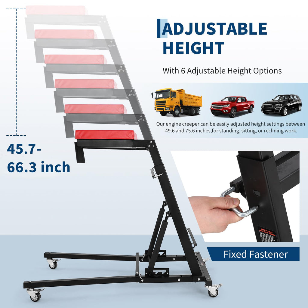 Garvee Automotive Engine Creeper, Heavy-Duty Foldable Steel Frame with Adjustable Height (45.7"-66.3"), Padded Deck, 6 Wheels, and 400 lbs Capacity for Auto Repair, Black, Parallel Base