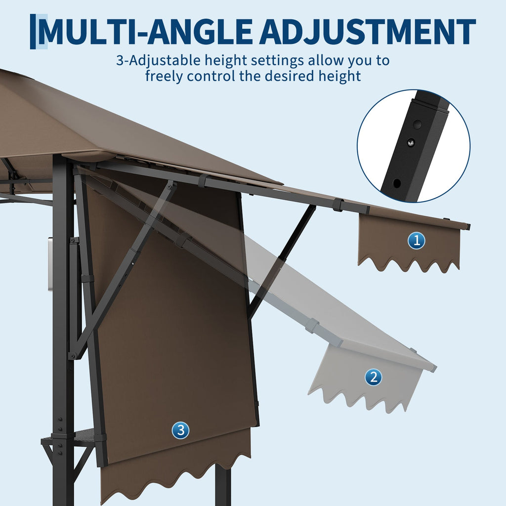 Garvee 8' × 5' Grill Gazebo with Dual Adjustable Awnings, 2-Tier Ventilated Canopy, Steel Frame, 2 Shelves & 7 Hooks, Brown