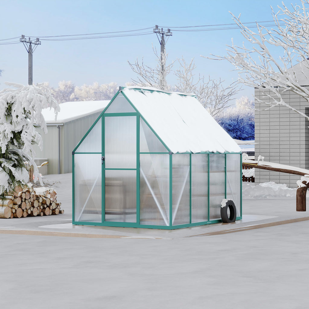 Garvee 6 × 7 FT Polycarbonate Greenhouse, Walk-In Outdoor Plant House with 4 mm Twin-Wall Panels, Aluminum Frame, Lockable Sliding Door, Roof Vent and Rain Gutters, Green