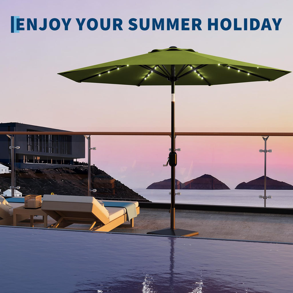 Garvee 10 FT Patio Umbrella with Solar Lights, Outdoor Table Umbrella with 8 Durable Ribs, Tilt & Crank Mechanism, Waterproof & UV Protection for Garden, Backyard, Poolside, Green