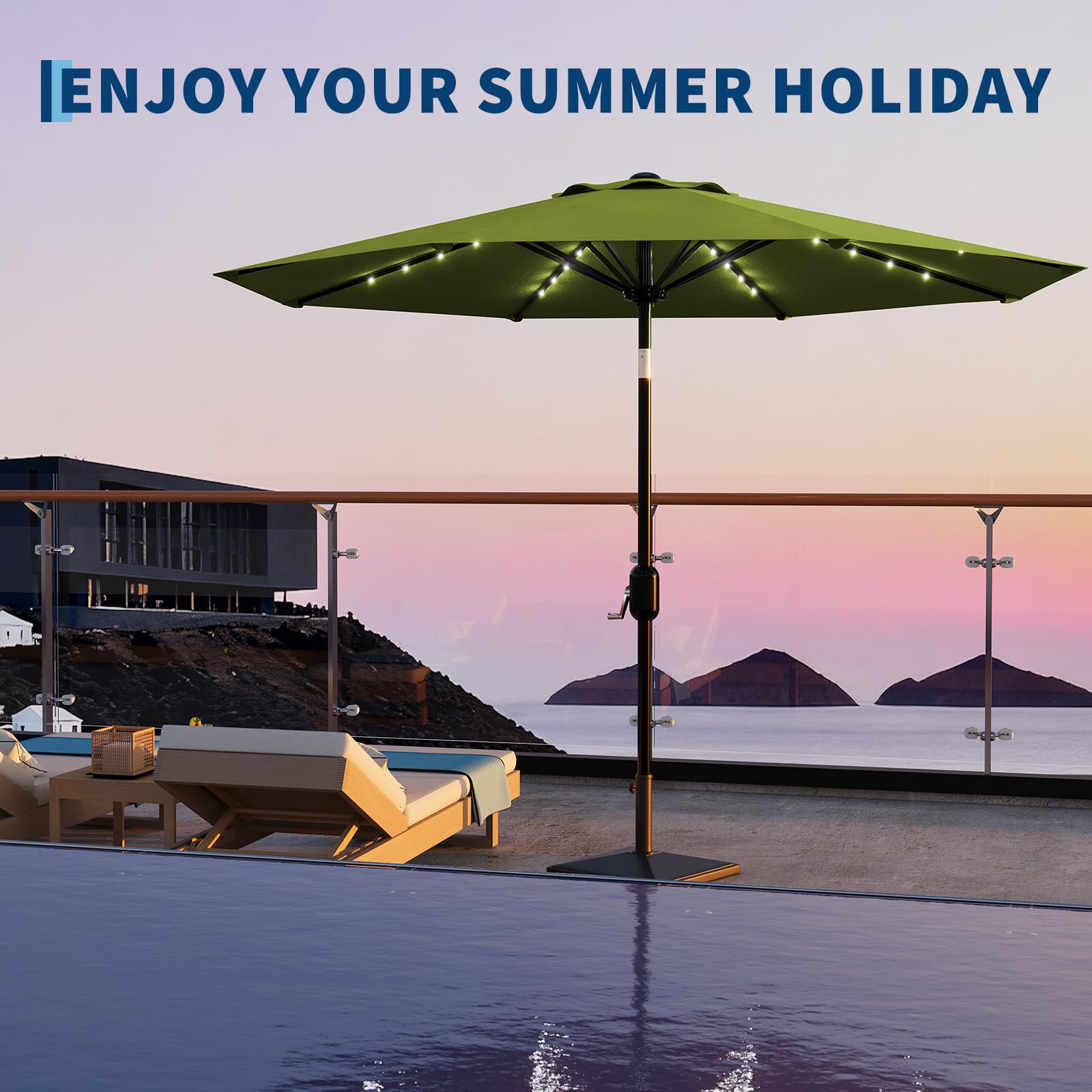 Garvee 10 FT Patio Umbrella with Solar Lights, Outdoor Table Umbrella with 8 Durable Ribs, Tilt & Crank Mechanism, Waterproof & UV Protection for Garden, Backyard, Poolside, Green