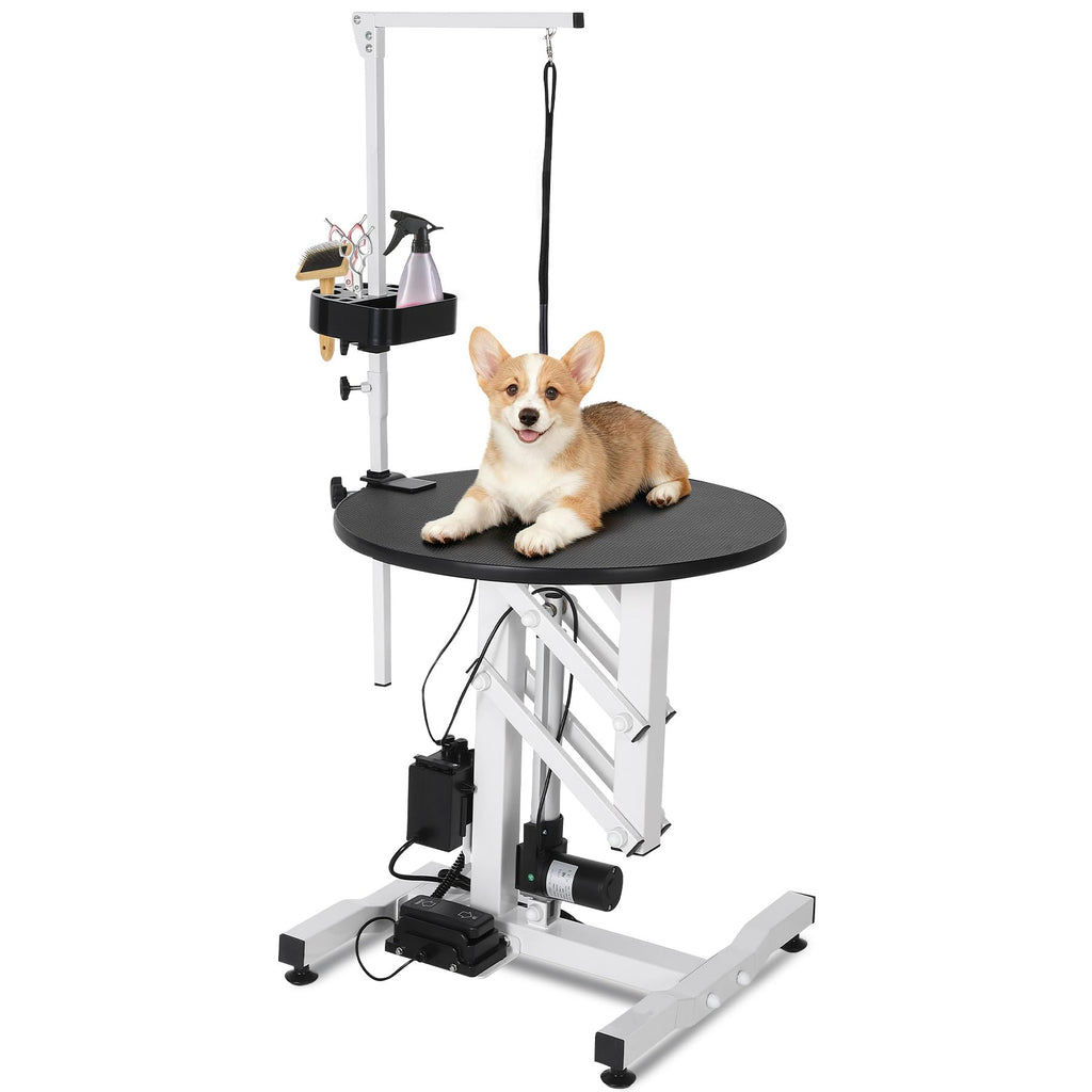 Garvee 24 Inch Electric Lift Dog Grooming Table, Portable Round Professional Pet Grooming Table with Adjustable Overhead Arms and Pedals, for Small and Medium Dogs at Home, Capacity 250 LBS