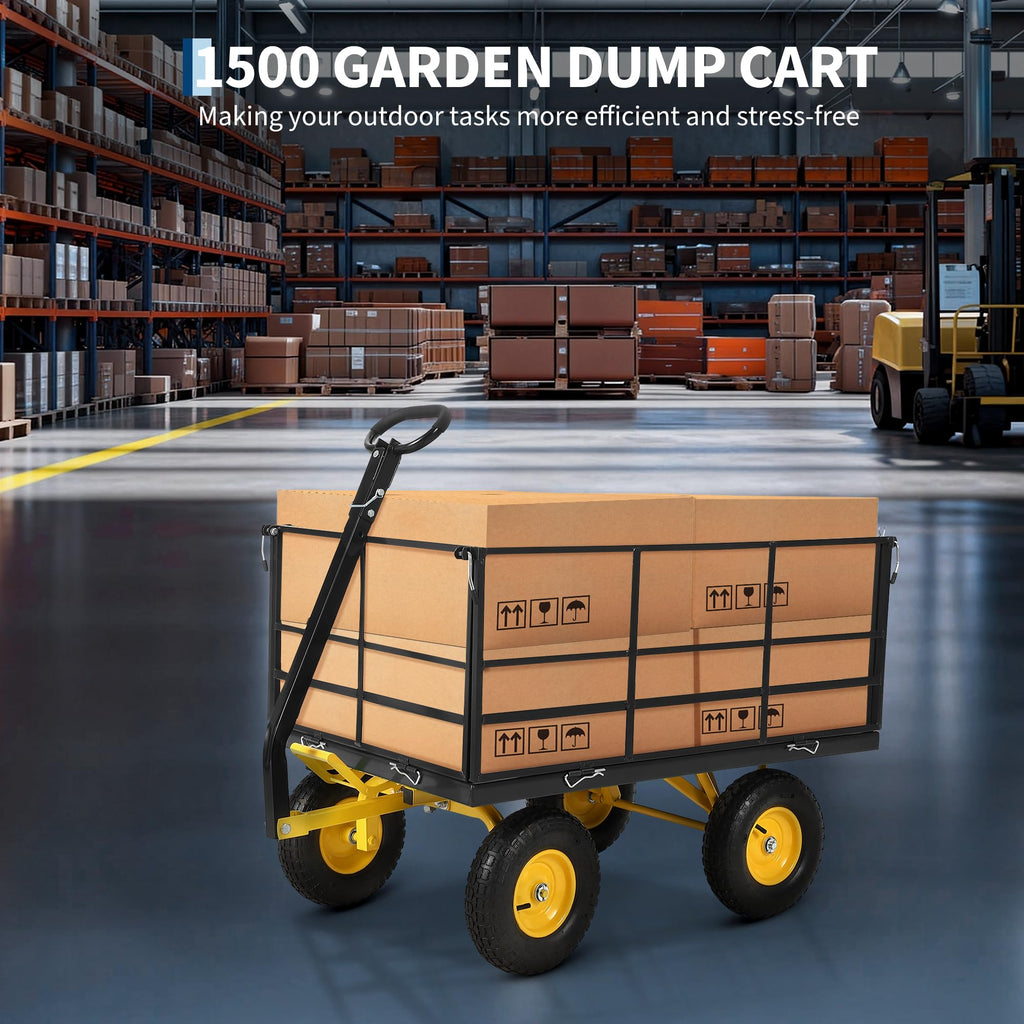 Garvee 1500 LB Garden Dump Cart with 13 in All Terrain Tires, 3-in-1 Yard Wagon Cart with Removable Side Panels, Heavy Duty Outdoor Metal Utility Wagon Yard Trailer for Outdoor Lawn, Yard, Backyard