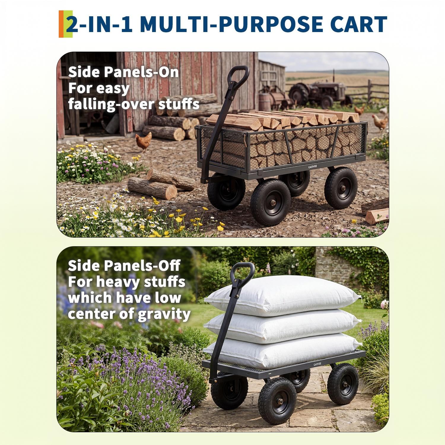 Garvee 1200 lb Heavy-Duty Steel Garden Cart, All-Terrain Utility Wagon with 13" Pneumatic Tires, Removable Mesh Sides, 180° Rotating Handle & Flatbed Design for Lawn, Yard, Farm, Landscaping, Gray
