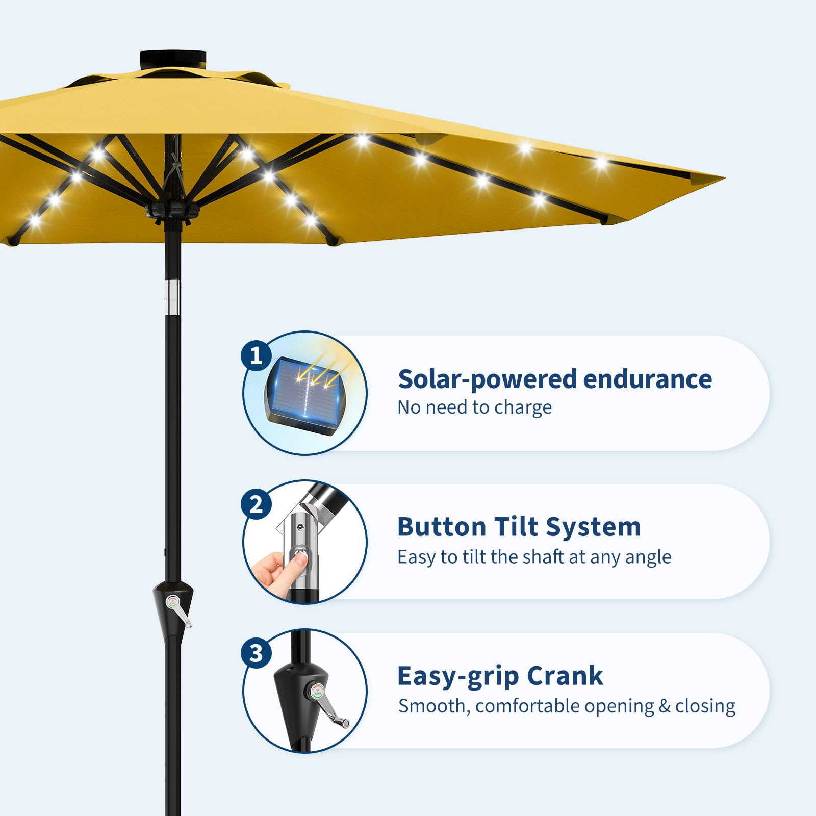 Garvee 10 ft Solar Patio Umbrella with 32 LED Lights, Outdoor Market Umbrella with Crank Lift & Tilt, UV-Resistant Canopy for Pool, Garden & Backyard, Yellow