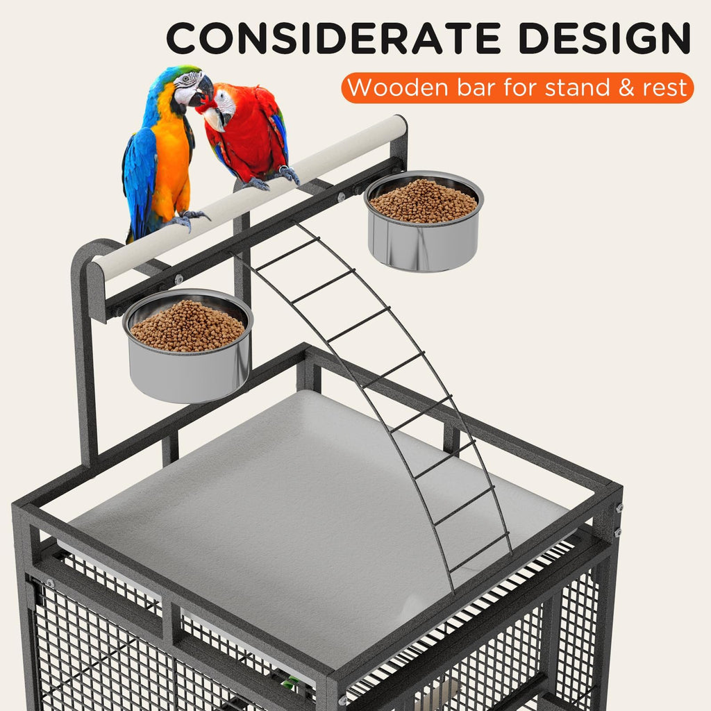 Garvee 60 Inch Wrought Iron Large Bird Flight Cage with Rolling Stand, Play Top & 4 Stainless Steel Bowls, Flight Parrot Cage for African Grey, Cockatiel, Conure, Parakeet, Budgie, Lovebird, Black