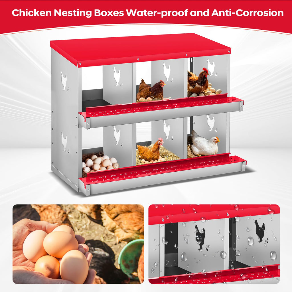 Garvee Chicken Nesting Box, 3 Room Galvanized Steel Laying Boxes, Metal Nesting Boxes for Hens with 10 Pads & 4 Fake Eggs, Easy Egg Collection, Vented Holes Poultry Nest for Chicken Coop, Red
