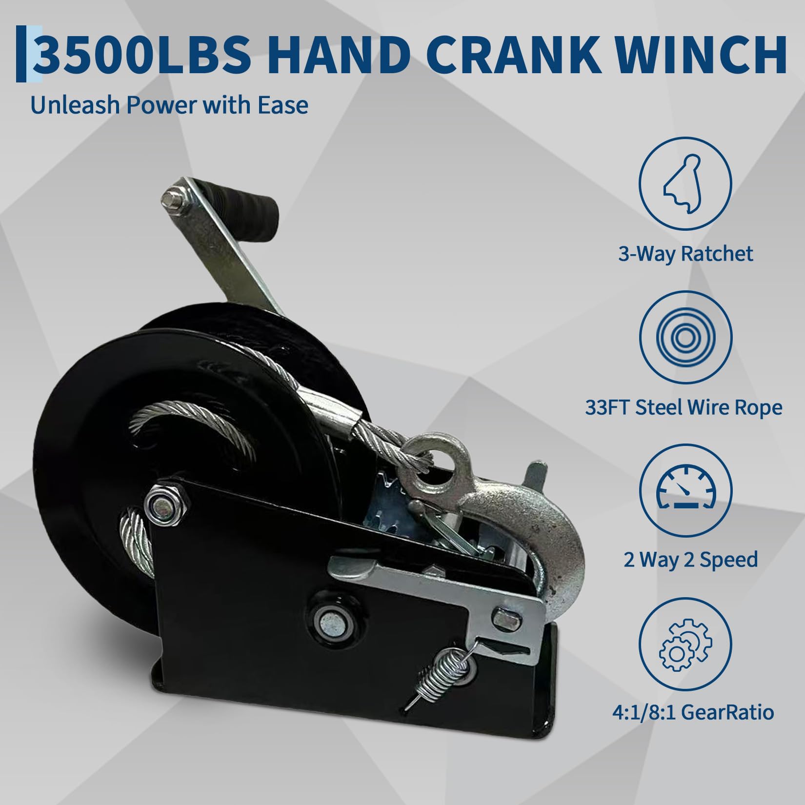 Garvee Heavy Duty Hand Winch 3500 lb Capacity, 32 ft Steel Wire Rope with Manual Crank Handle, Portable Ratchet Winch for ATV, Boat, Trailer, Truck, Off-Road Vehicle Recovery and Towing