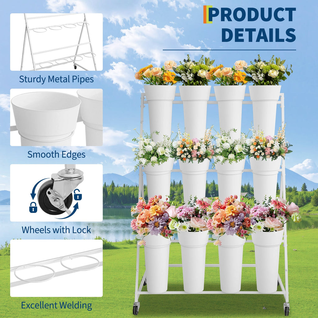 Garvee 3-Tier White Metal Flower Display Stand with 12 Removable Waterproof Buckets, Rolling Plant Rack – Multi-Layer Indoor Outdoor Flower Pot Holder for Florist, Garden, Patio, Wedding – Size: 90×55×120cm, Color: White