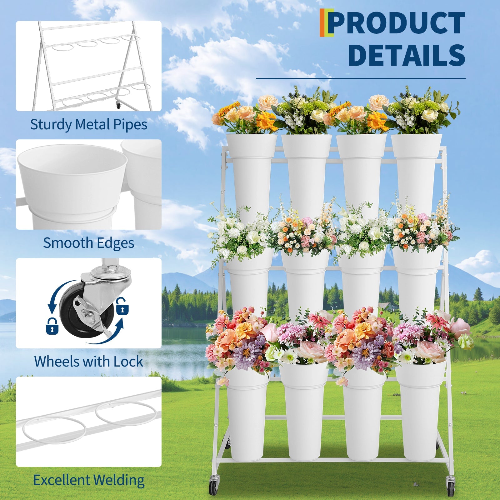 Garvee 3-Tier White Metal Flower Display Stand with 12 Removable Waterproof Buckets, Rolling Plant Rack – Multi-Layer Indoor Outdoor Flower Pot Holder for Florist, Garden, Patio, Wedding – Size: 90×55×120cm, Color: White