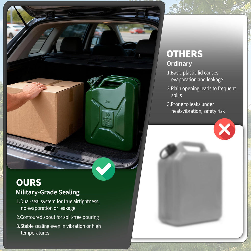 Garvee Metal Gas Can - 20L (5.3 Gallon) Jerry Can Style, Leak-Proof, Heavy-Duty Cold-Rolled Steel, Rust-Proof and Portable for Vehicles, Farms, and Overlanding, Green