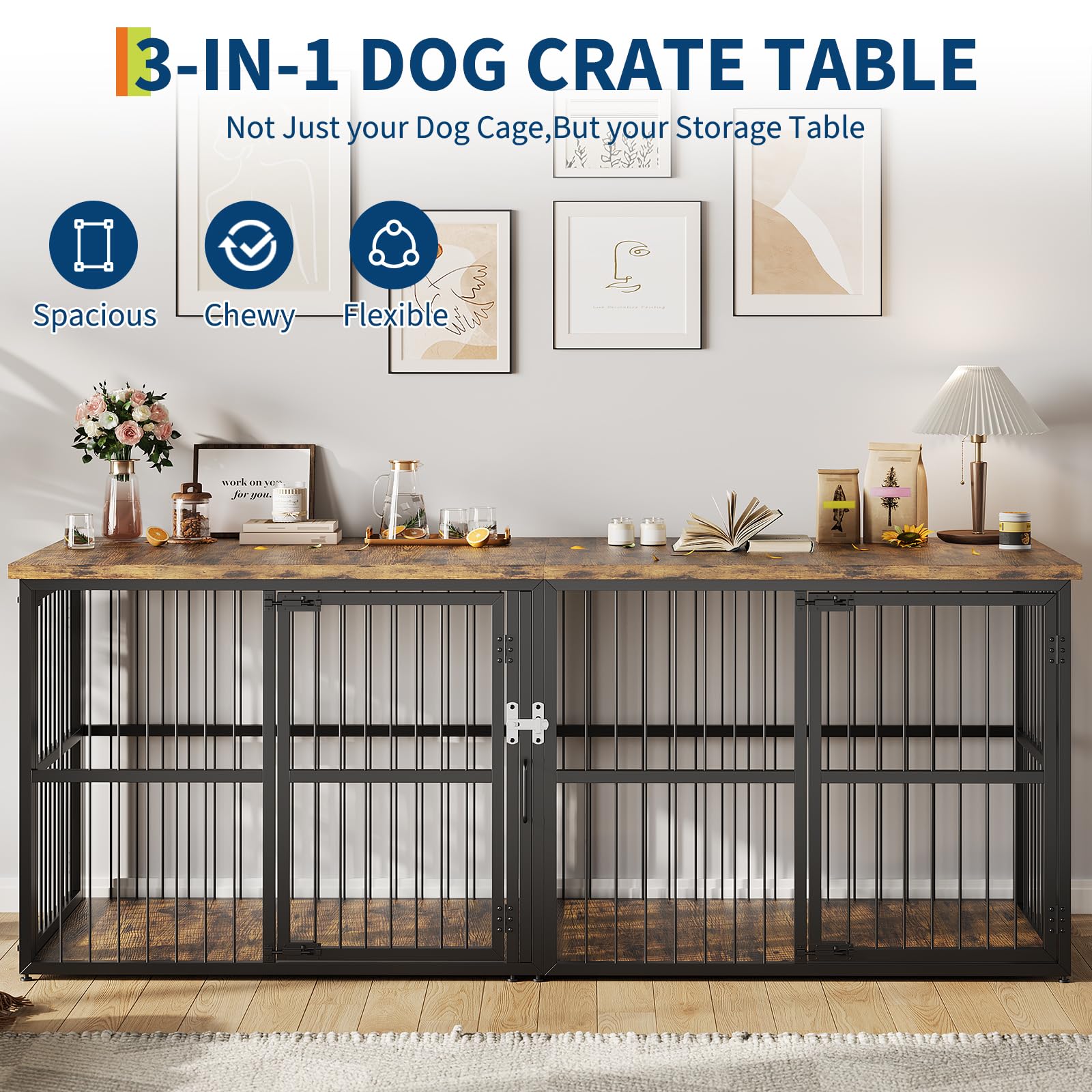 Garvee 87 in Extra Large Double Dog Crate Furniture with Divider, Heavy Duty Kennel with 3 Lockable Doors, Wooden Indoor Pet House TV Stand for 2 Small Medium Large Dogs, Black+Brown Tabletop