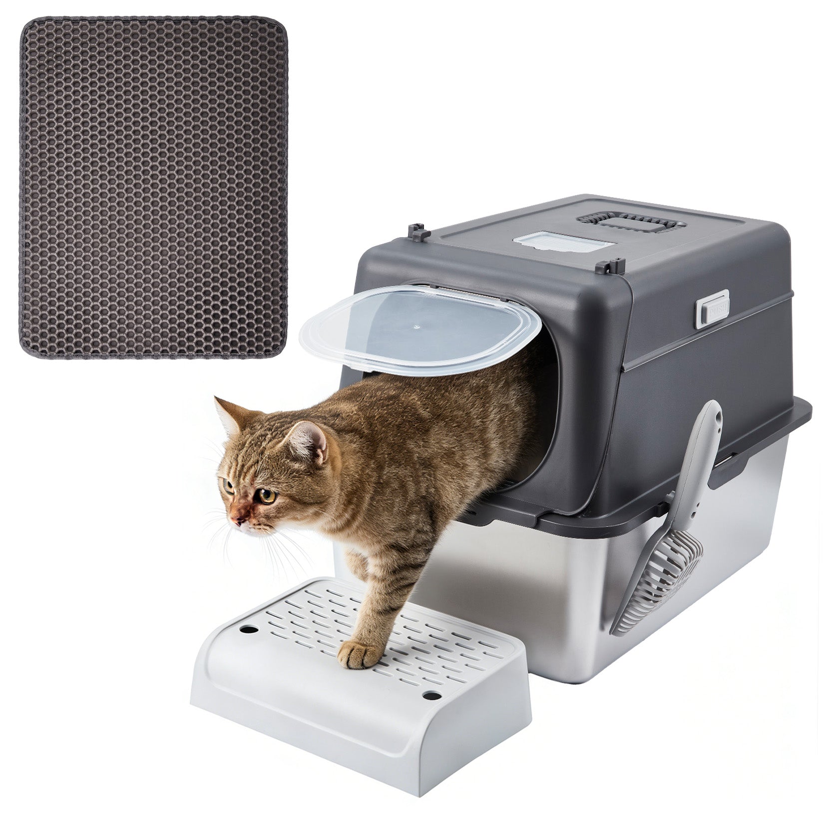 Garvee Stainless Steel Cat Litter Box - Enclosed Design, 15cm Depth, Dark Gray, Durable Cat Litter Container, Cat Toilet Box