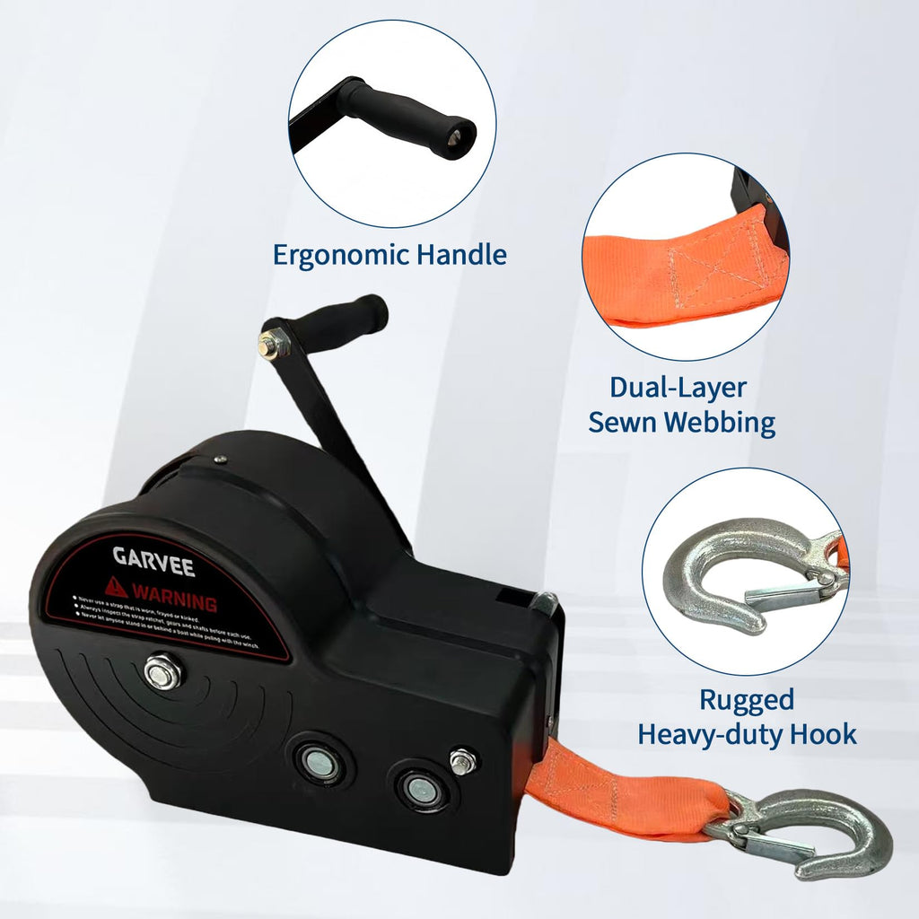 Garvee 3500 lbs Heavy-Duty Boat Trailer Winch - Hand Crank Winch with 33ft Strap, 4:1/8:1 Gear Ratio for Towing and Pulling Boats, Trailers, Trucks, RVs, ATVs, Jet Skis, and Off-Road Recovery, Orange